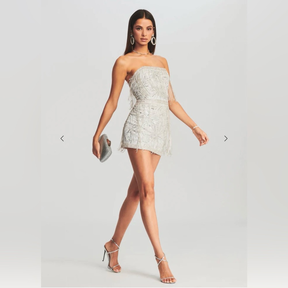 Retrofete Silver Strapless Beaded Mini Dress